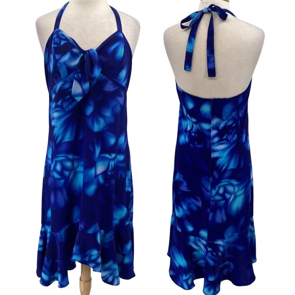 Vintage Y2k Floral Print Halter Empire Waist Midi Dress Ruffled Hem Blue 10